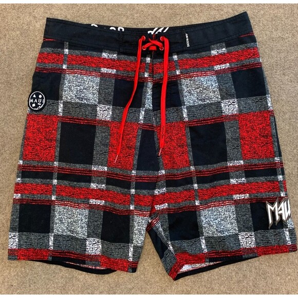 Maui and Sons Board Shorts Mens 38 Embroidered Madras Colorblock Swim Surf Beach - Picture 1 of 6